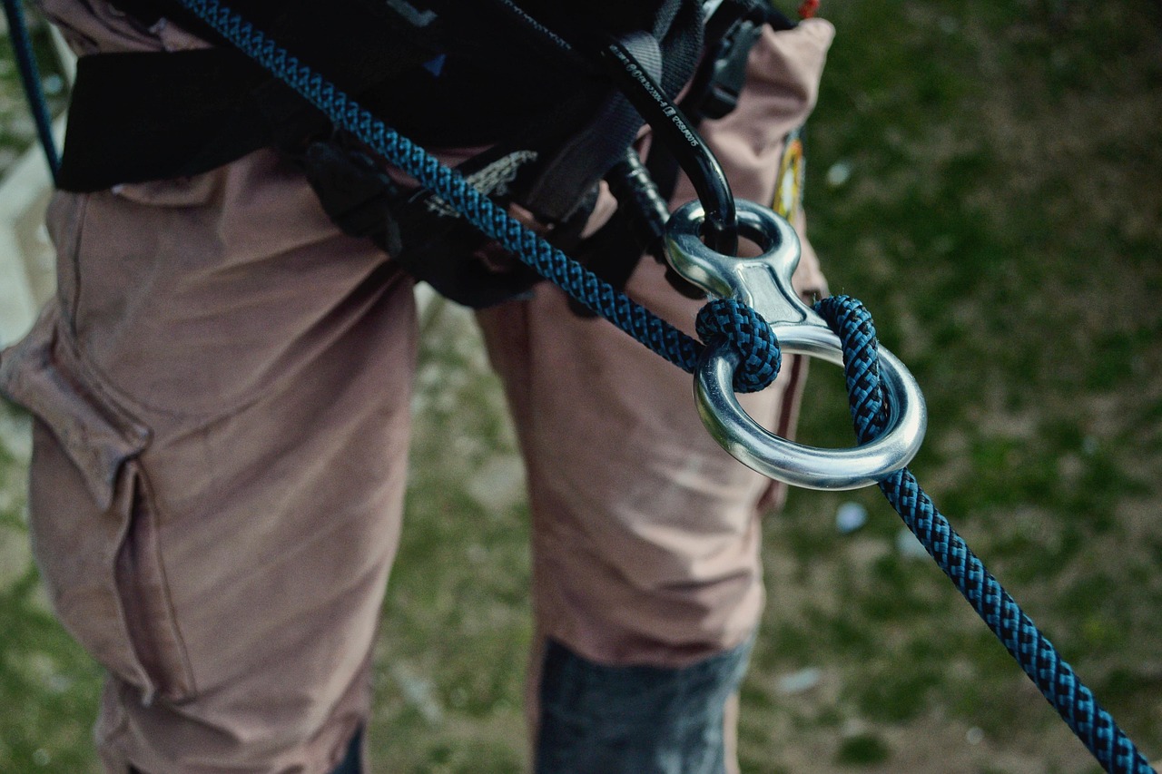 Coiled climbing ropes and a harness ready for tree work